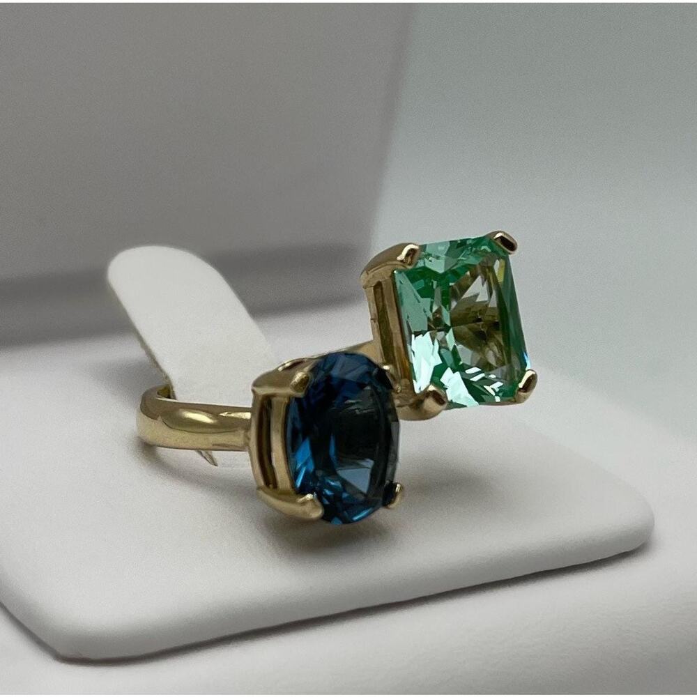 14k Gold Two Stone Ring London Blue Mint Green Spinel Negative Space Adjustable